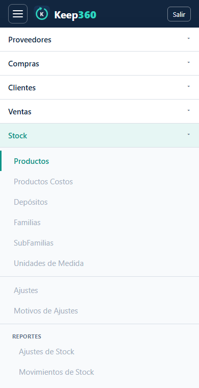 Menú de Keep360 Web en el celular, igual al del escritorio