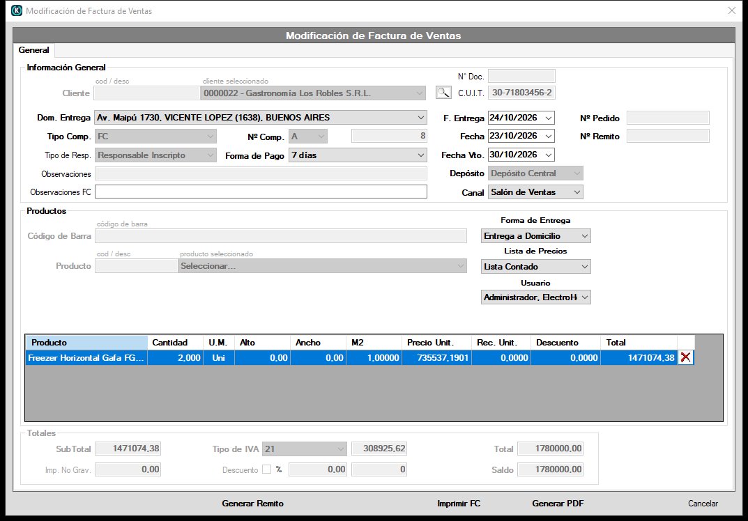 Factura de ventas con cliente, domicilio de entrega, lista de precios, productos y totales con IVA